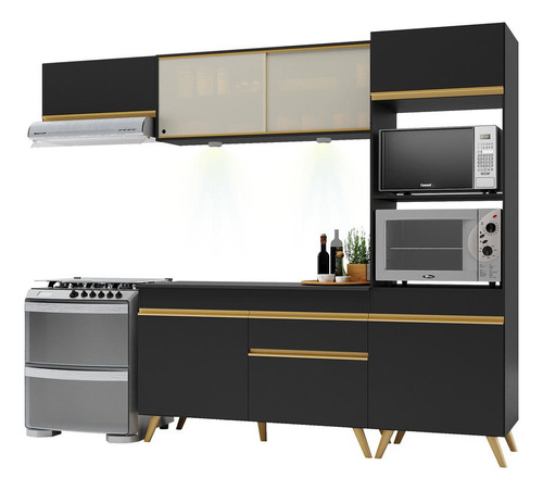 Armário Cozinha Compacta 252cm Veneza Up Multimóveis V2016 Cor Preto/dourado