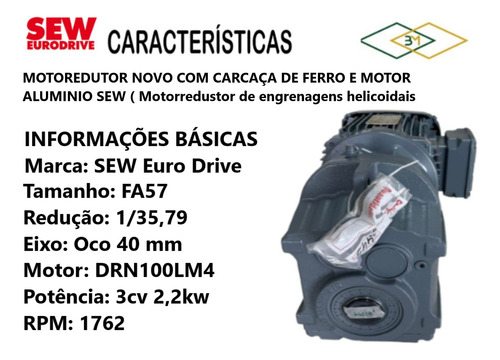 Motoredutor 3cv Motor Sew Redução 1:35,07 Eixo Maciço 35mm