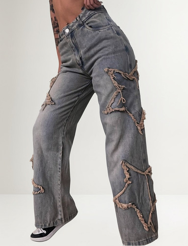 Wide Leg Jean Star Tiro Medio Con Diseño Edicion Limitada