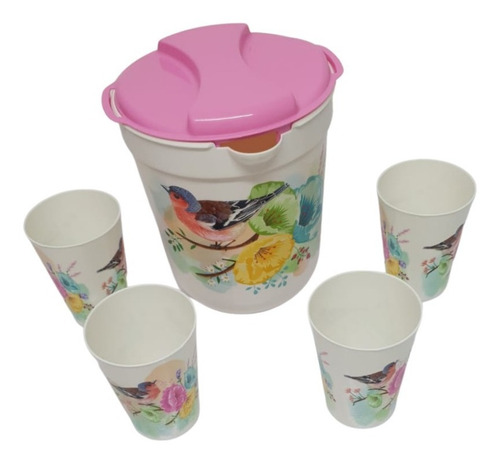 Juego Jarra 3 Litros Decorada Con 4 Vasos Y Tapa
