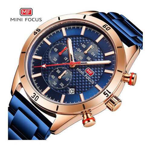 Reloj Mini Focus 0283G con calendario luminoso de acero inoxidable, color de fondo azul rosa