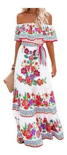 Maxi Vestido Con Estampado Floral Sin Hombros