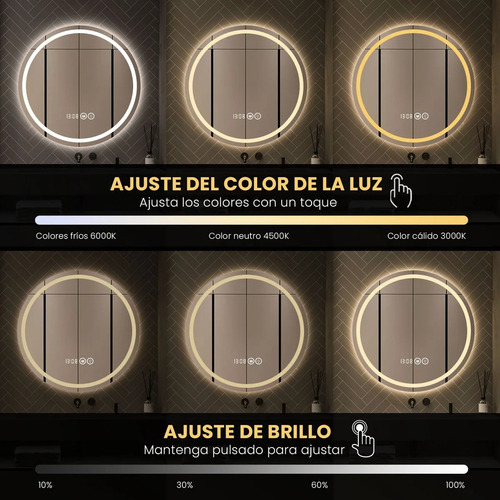 Espejo Led Baño Touch 3 Modos Antivaho 50x50cm con Hora y Temperatura