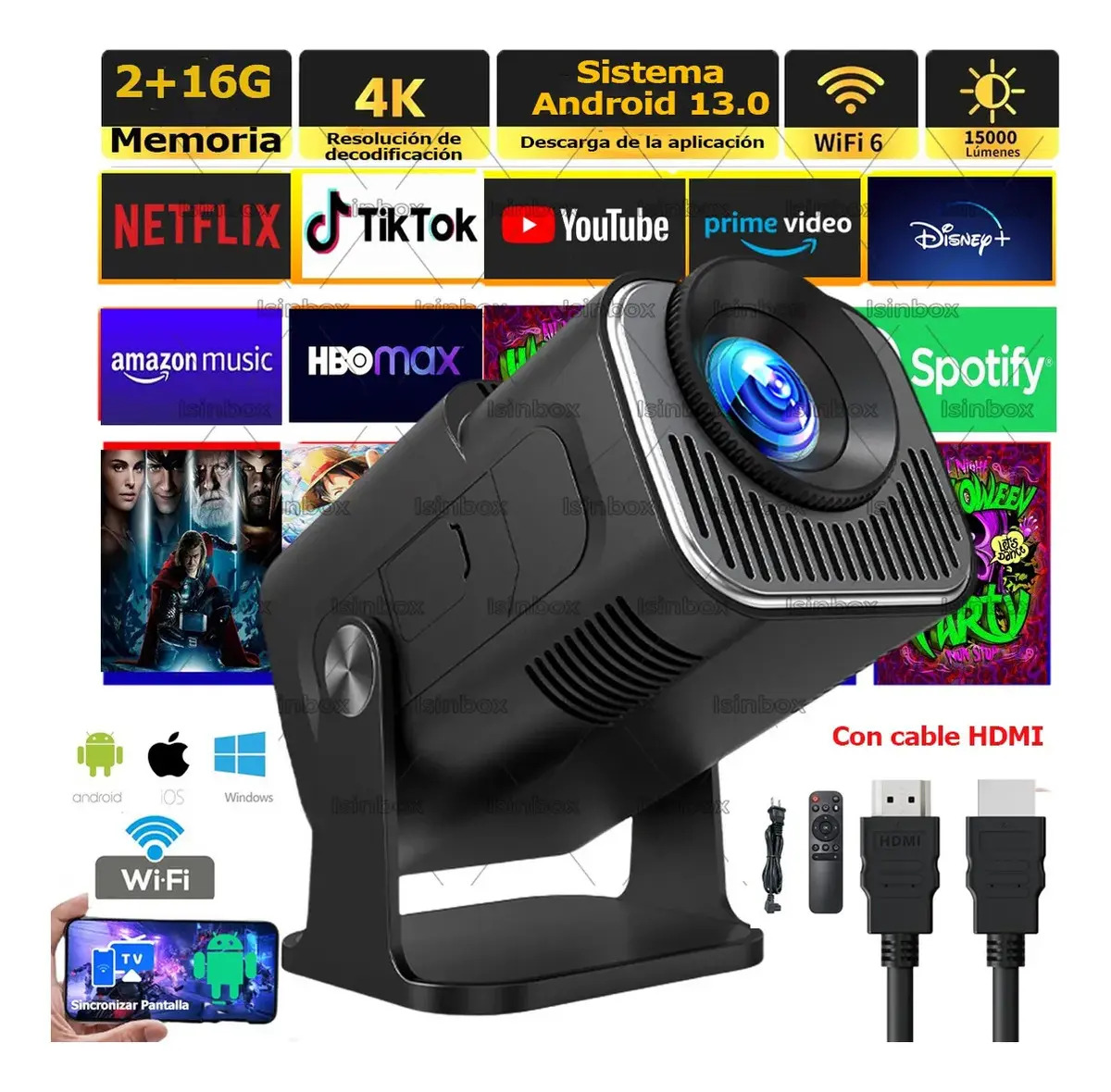 Miniproyector Portátil Isinbox HY320 con Android 11 y Wi-Fi