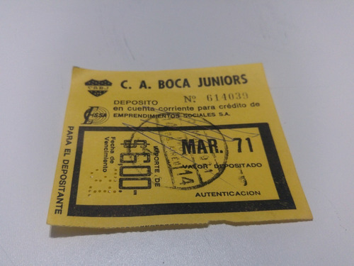 Recibo C A Boca Juniors Ciudad Deportiva Marzo 1971 