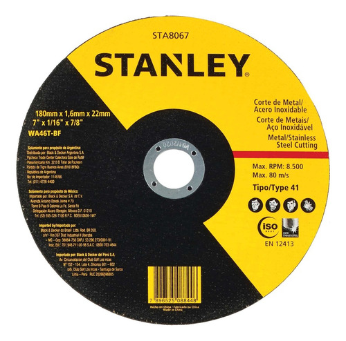 Disco De Corte Abrasivo- Metal/inox 7  X 1,6mm X 7/8 Stanley