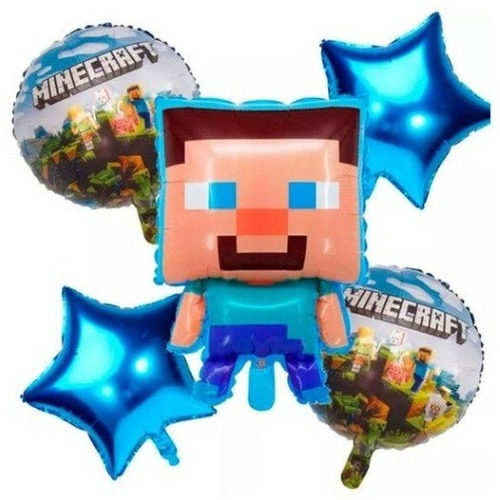 Set 5 Globos Metalizado Minecraft Gamer Feliz Cumple Happy