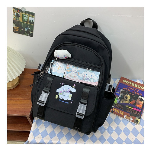 Mochila Kawaii Sanrio com alfinete, canetas e chaveiro para cor azul