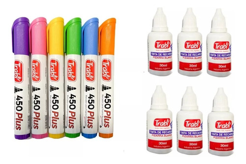 Marcadores Para Pizarra Trabi 450 X6 Colores + 6 Tintas 30ml