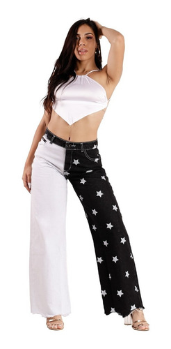 Jeans Bicolor Con Estampado Estrellas Je2803n