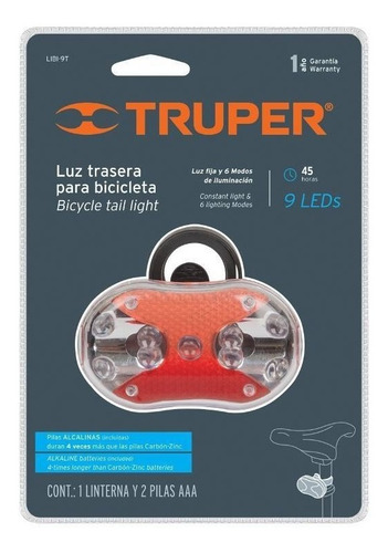 Luz Linterna Trasera Bicicleta 9 Led Truper 7 Funciones