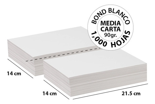 Papel Bond Blanco Media Carta 90 Gr - 1,000 Hojas