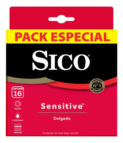 Sico Sensitive, Condones De Hule Látex Natural Con 16 Piezas