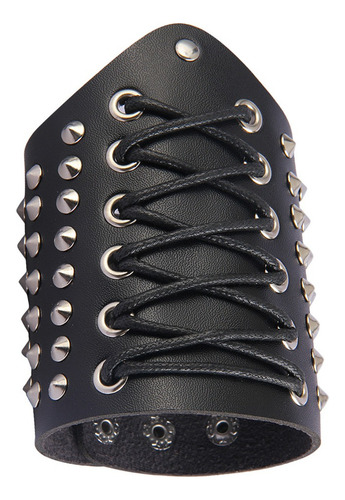 Brazalete Ancho Con Remaches De Cuero Punk Para Hombre, 2 Pi
