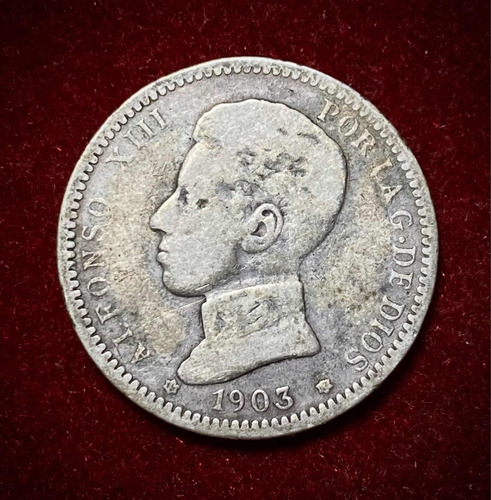 Moneda 1 Peseta España 1903 Km 721 Alfonso 13 Plata 0.835