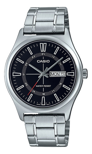 Reloj pulsera Casio MTP-V006D-1CUDF, analógico, para hombre, fondo negro, con correa de acero inoxidable color plateado, bisel color plateado y desplegable