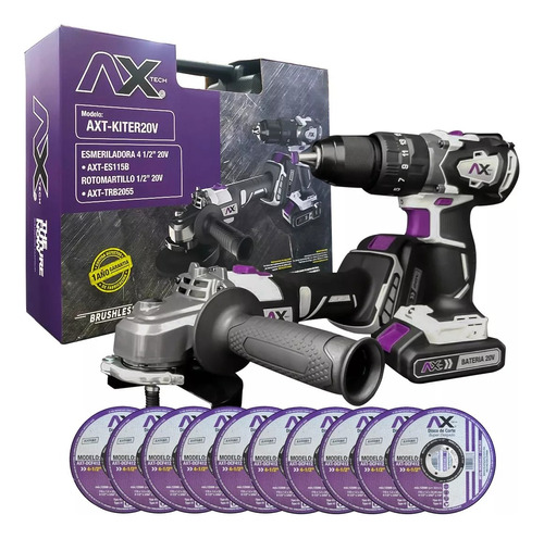 Kit Rotomartillo + Miniesmeril A Bateria 20v Ax Tech C/ Maletin Y Baterias