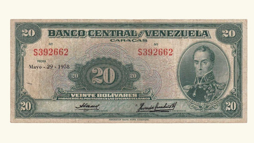 Venezuela, 20 Bolívares, Mayo-29-1958, Serie S6, Vf.