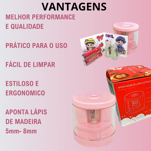 Apontador Lápis Elétrico Automático Crianças Escolar A Pilha Rosa
