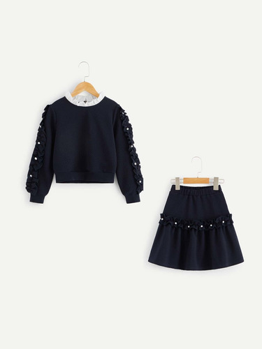 Conjunto Niña Negro Perlas Sudadera Y Falda Shein