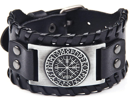 Pulsera De Cuero De Vaca Para Hombre, Brújula Vikinga