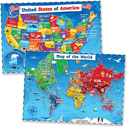 Póster De Mapa Del Mundo Y Estados Unidos Niños  2...