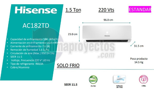 Aire Acond Estándar S/frío 1.5ton 220v Hisense Ac182td