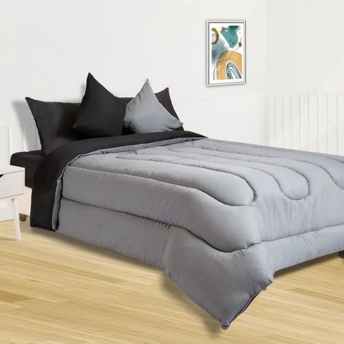 Acolchado De 2 1/2pl. Reversible Directo De Fabrica Color Negro/gris Claro