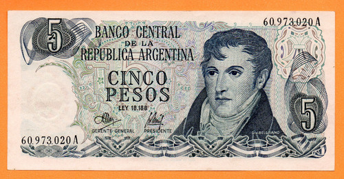 Billete 5 Pesos Ley, Bottero 2325, Año 1973 Sc