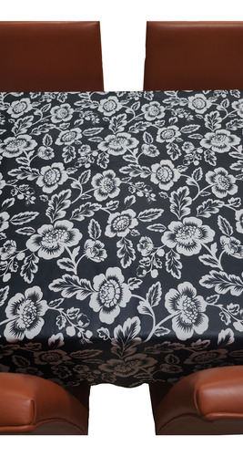 Mantel Mesa Rectangular 1.4x5m Impermeable Cuerina Afelpada Flores Negras