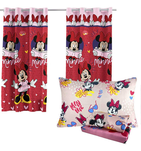 Kit Menina Minnie Happy Cortina + Jogo De Lençol Infantil