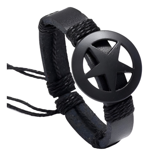 Pulsera De Cuero En Color Negro Con Dije De Estrella Hombre