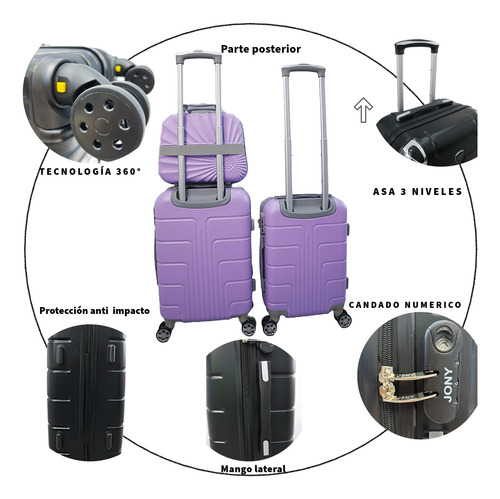 Juego 3 Maletas De Mano Avion 20 Y 18 Pulgadas 15 Y 10 Kgs Lila