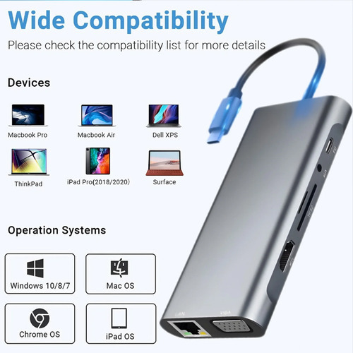 Hub Usb C 11 En 1 Con Hdmi 4k, Usb 3.0, 100 Wpd, Vga, Tarjet