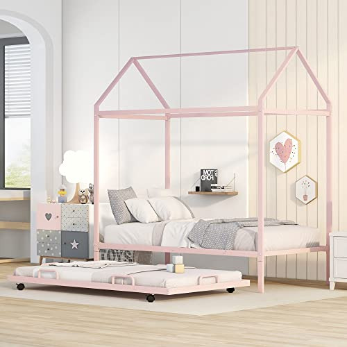 Cama Montessori Para Niños Con Trundle, Metal, Rosada