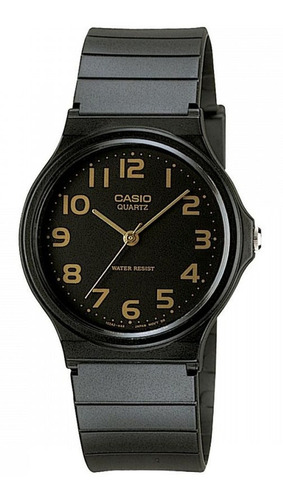 Reloj pulsera Casio Collection MQ-24 de cuerpo color negro, analógico, fondo negro, con correa de resina color gris oscuro, agujas color dorado, dial dorado, minutero/segundero dorado, bisel color negro y hebilla simple