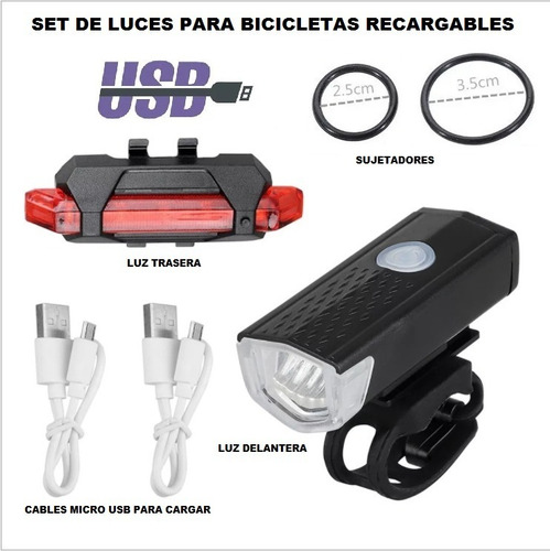 Imagen 1 de 10 de Set Luces Bicicleta Delantera Trasera Recargable Impermeable