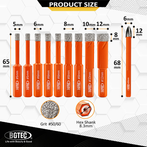 Broca Diamante 10pzs 5-12mm Mármol Granito Mango Hexagonal
