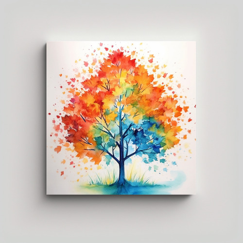 30x30cm Cuadro Visión Acuarela Árbol Hojas Bastidor Madera