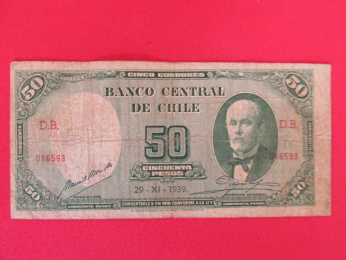 Gran Billete Chile 50 Pesos Firmado Mora- Meyerholz 1939