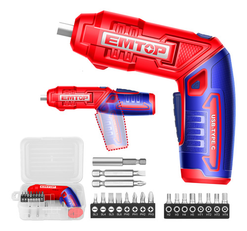 Atornillador Inalámbrico 4v Con Puntas Emtop Rojo/azul