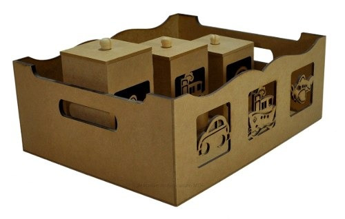 Cesto Bebe Com 3 Potes Brinquedos 3d Laser Mdf Madeira Cru