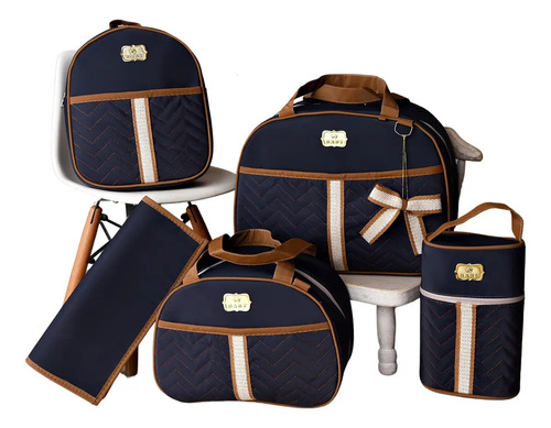 Kit Maternidade 5 Azul Laço Bolsas Baby com Trocador e Porta Mamadeira