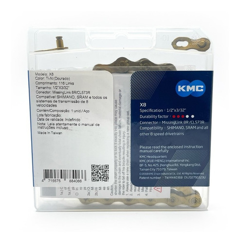 Imagem 3 de 3 de Corrente Kmc X8 Dourado / Gold 116l - 6v / 7v / 8v Shimano