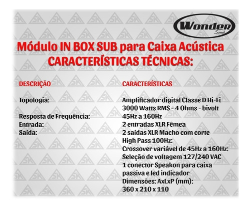 Modulo In Box 4000 Watts 2 Ohms Ampl. Sub Caixa Wonder
