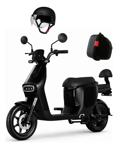 Bicicleta elétrica preta TFG com capacete e bauleto