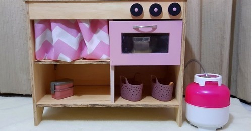 Cozinha De Madeira Infantil - Oque É Oque É - Cooktop Preto Cor Rosa