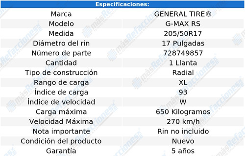 Llanta 205/50r17 93w General Tire G-max Rs