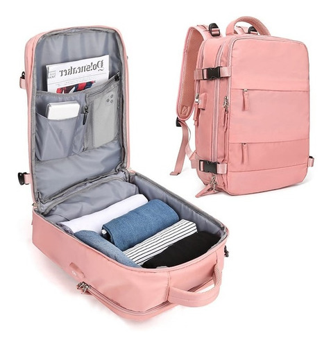 Mochila Feminino Multi-funcional Notebook Viagem Com Usb Cor Rosa