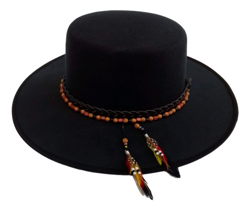 Sombrero Hipster Cordobes Negro/adorno Artesanal De Plumas